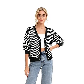 Women's V Neck Plaid Cardigan With Striped Patchwork Design Cardigan Sweater
