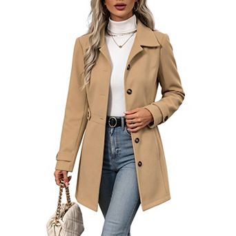 KOJOOIN Women's Lapel Collar Wool Blend Coat Slim Fit Elegant Outerwear Jacket With Pockets
