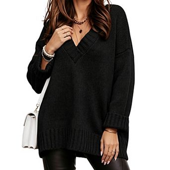 KOJOOIN Women's Oversized V‑Neck Knit Sweater Long Sleeve Ribbed Hem Drop Shoulder Loose Sweater