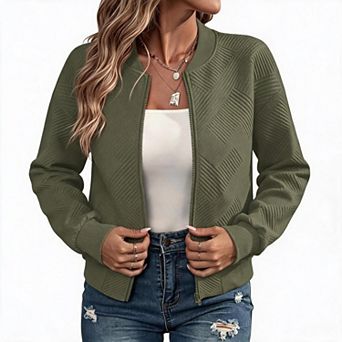KOJOOIN Women's Zip‑Up Textured Bomber Jacket Ribbed Collar Casual Cropped Coat