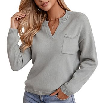 KOJOOIN Women's Notched V‑Neck Knit Sweater Long Sleeve Loose Chest Pocket Casual Sweater