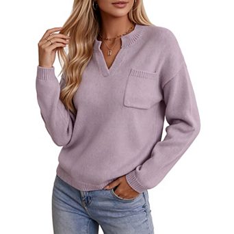 KOJOOIN Women's Notched V‑Neck Knit Sweater Long Sleeve Loose Chest Pocket Casual Sweater