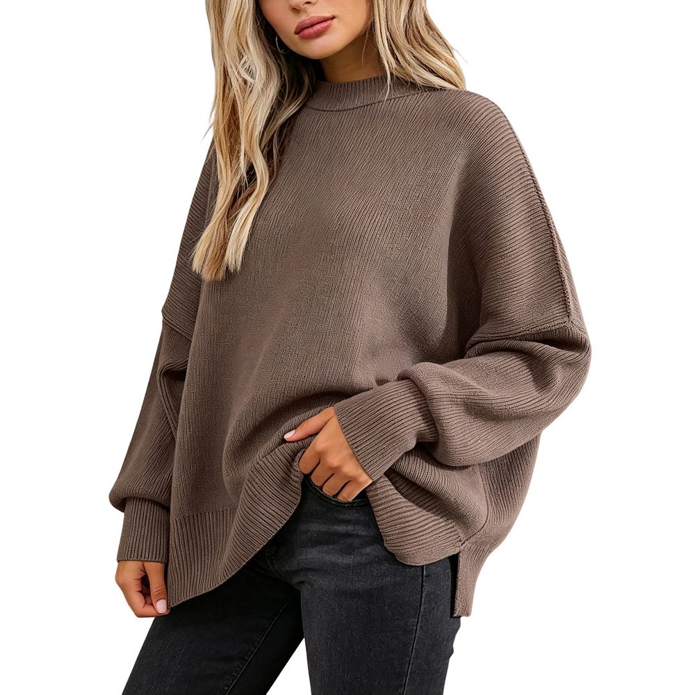 KOJOOIN Women's Crewneck Knit Sweater Batwing Long Sleeve Side Slit ...