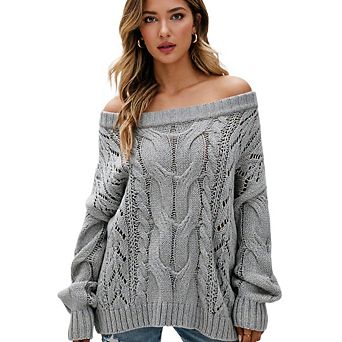 Women Off‑Shoulder Cable Knit Pullover Long Sleeve Loose Fit Casual Fall Sweater Top