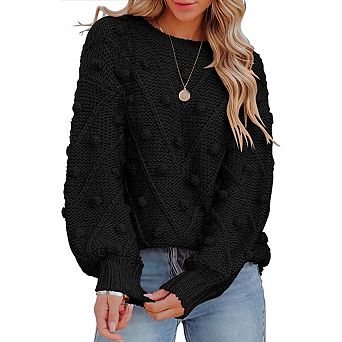 Women Crew Neck Bobble Textured Knit Pullover Long Sleeve Loose Fit Casual Fall Sweater Top