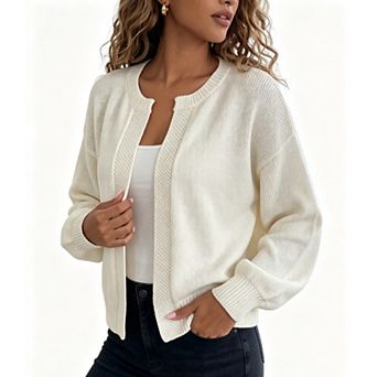 KOJOOIN Women's Open‑Front Knit Cardigan Crew Neck Long Sleeve Loose Cropped Casual Cardigan
