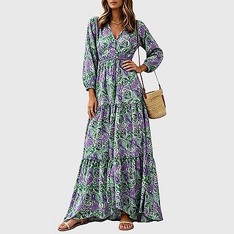 Womens Long Sleeve Maxi Dress Boho Floral v Neck a Line Ruffle Tiered Flowy Dress