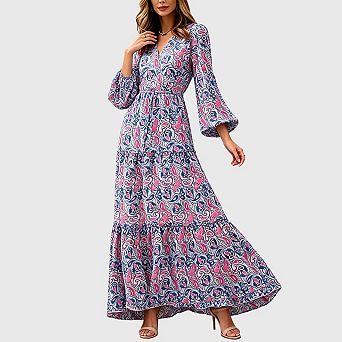Womens Long Sleeve Maxi Dress Boho Floral v Neck a Line Ruffle Tiered Flowy Dress