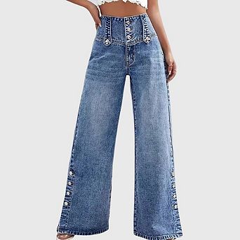 Women's Retro High Waisted Wide Leg Jeans Casual Distressed Side Button Slit Denim Pants