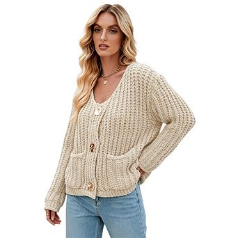 Women's Short Cardigan Sweater Thick Open front Button Knit Long sleeved Loose Cardigan Outerwear