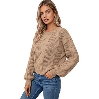 Women's Pullover Sweater Cable Knit Long Sleeved Round Neck Cardigan