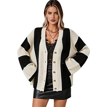 Women's Casual Color locked Striped Loose Knit Cardigan