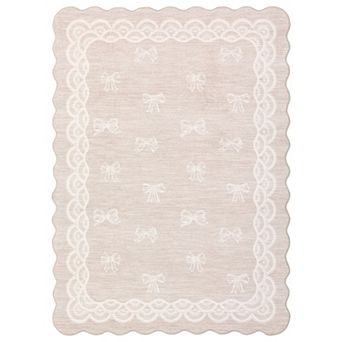Scalloped Lace Bow Motif Area Rug Non‑Shedding Stain Resistant Carpet for Living Room Bedroom
