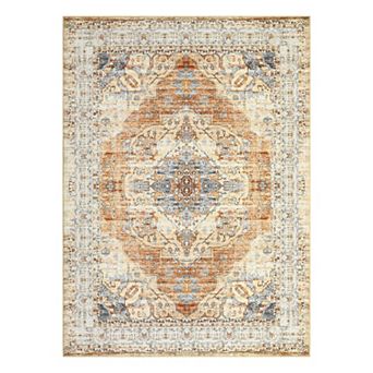 Distressed Medallion Machine Washable Area Rug Non‑Slip Non-Shedding Carpet for Living Room Entryway