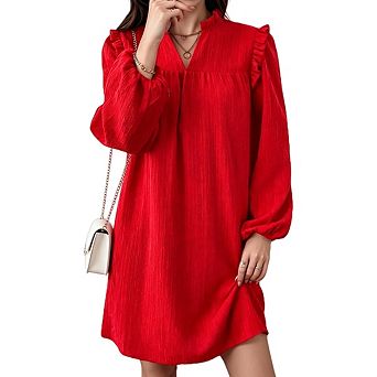 Womens V Neck Long Sleeve Solid Color Party Basic Loose Shirt Dresses