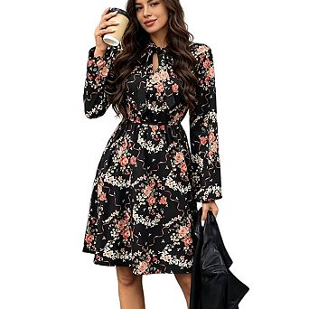 Women Tie Neck Collar Floral Long Ruffle Sleeve Smocked Waist Mini Dress
