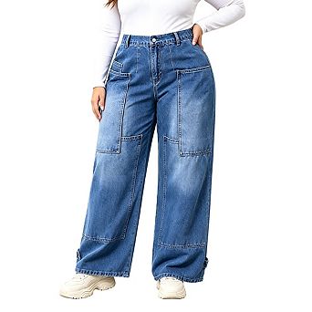 Womens Plus Size High Waist Wide Leg Denim Jeans Elastic Back Full Length Casual Pants
