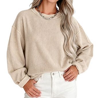 Women's Crew Neck Waffle Knit Sweatshirt Drop‑Shoulder Loose Casual Pullover Top