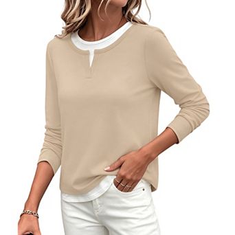 Women's Notch V‑Neck Long‑Sleeve Top Fake Two‑Piece Layered‑Look Casual Loose Pullover Top