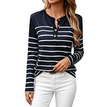 Women's Striped Henley Long‑Sleeve Top Button Half‑Open Placket Casual Loose Top