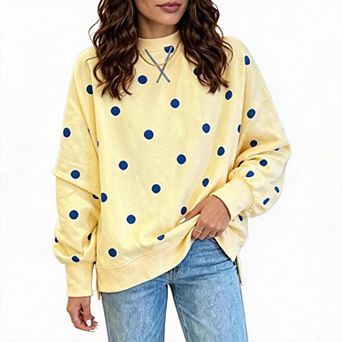 Women's Crew Neck Polka‑Dot Print Pullover Sweatshirt Loose Side Slit Casual Oversized Top