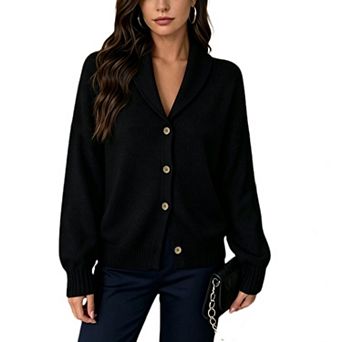 Women's Shawl Collar Button Front Knit Cardigan Loose Lazy Style Solid Long Sleeve Sweater Coat
