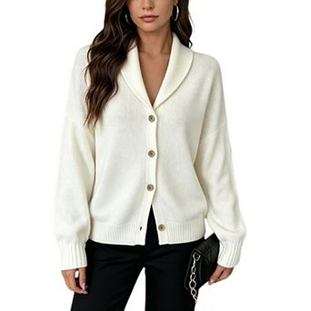 Women's Shawl Collar Button Front Knit Cardigan Loose Lazy Style Solid Long Sleeve Sweater Coat