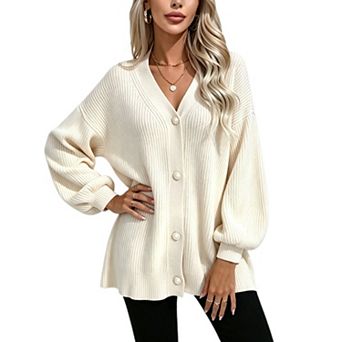 Women's Oversized V‑Neck Knit Cardigan Relaxed‑Fit Balloon Long Sleeve Sweater With Pearl Buttons