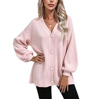 Women's Oversized V‑Neck Knit Cardigan Relaxed‑Fit Balloon Long Sleeve Sweater With Pearl Buttons