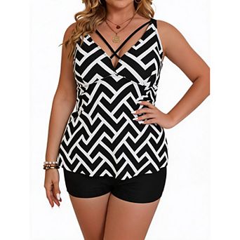 Women Plus Size Tankini 2 pc Swimsuit V Neck Cross Strap Printed Bathing Suit Boyshort