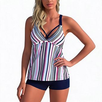 Women Plus Size Tankini 2 pc Swimsuit V Neck Cross Strap Printed Bathing Suit Boyshort