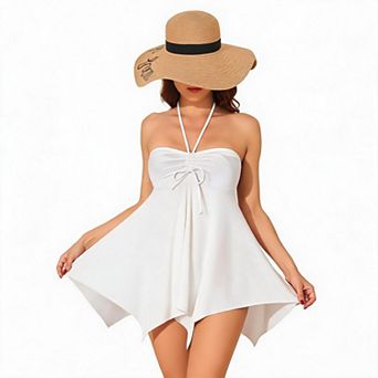 Women Halter Tankini 2 pc Swimsuit Drawstring Front Handkerchief Hem Bathing Suit