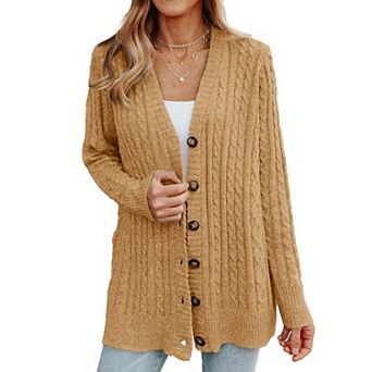 Women's V Neck Cable Knit Cardigan Mid Length Button Down Long Sleeve Casual Sweater Coat