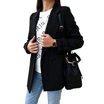 Women's Business Casual Notched Lapel Mid Blazer Coat Double‑Breasted Long Sleeve Outer Jacket
