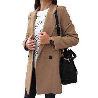 Women's Business Casual Notched Lapel Mid Blazer Coat Double‑Breasted Long Sleeve Outer Jacket