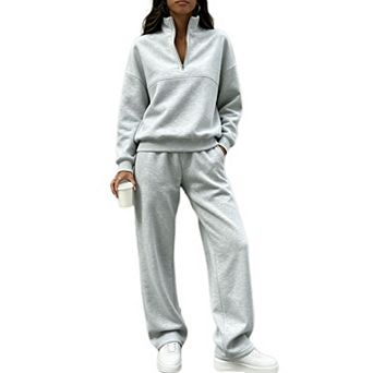 Women's Half‑Zip Sweatshirt Set Collar Long Sleeve Pullover Wide Leg Pants Casual 2 pc Outfit