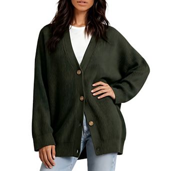 Women's Oversized Fall Winter Casual Open Front Cardigan Sweater Soft Knit v Neck Button Down Tops