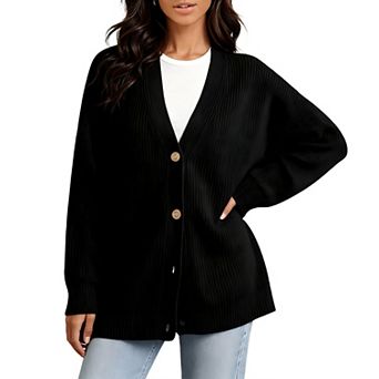 Women's Oversized Fall Winter Casual Open Front Cardigan Sweater Soft Knit v Neck Button Down Tops
