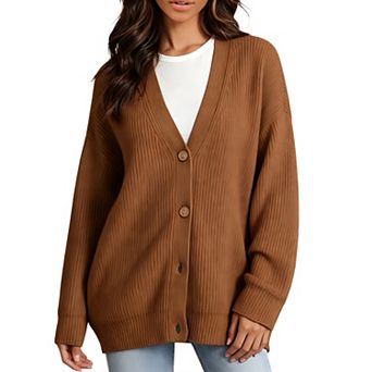 Women's Oversized Fall Winter Casual Open Front Cardigan Sweater Soft Knit v Neck Button Down Tops