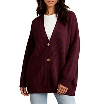 Women's Oversized Fall Winter Casual Open Front Cardigan Sweater Soft Knit v Neck Button Down Tops