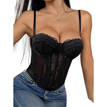 Women's Floral Lace Mesh Spaghetti Strap Corset Bustier Crop Top