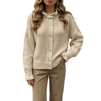 Women's Casual Ruffle Collar Long Sleeve Cardigan Loose Button Down Ribbed Hem Knit Sweaters