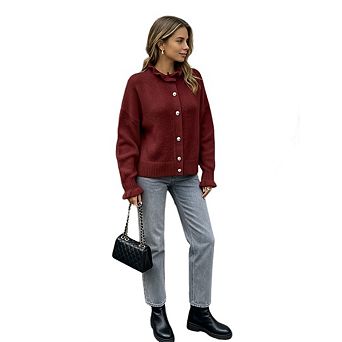 Women's Casual Ruffle Collar Long Sleeve Cardigan Loose Button Down Ribbed Hem Knit Sweaters