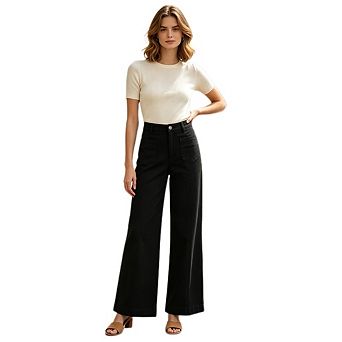Women's Casual High Waist Button Fly Trousers Straight Wide Leg Long Pants With Front Patch Pockets
