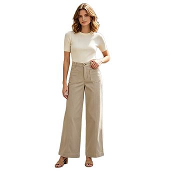 Women's Casual High Waist Button Fly Trousers Straight Wide Leg Long Pants With Front Patch Pockets