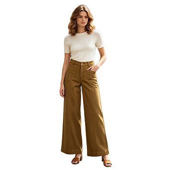 Women's Casual High Waist Button Fly Trousers Straight Wide Leg Long Pants With Front Patch Pockets