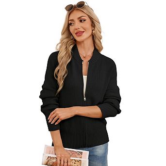 Women's Casual Crew Neck Long Sleeve Cardigan Loose Zip Up Ribbed Hem Knit Sweaters