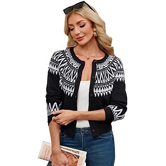 Women's Vintage Crew Neck Long Sleeve Knit Cardigan Button Down Color Block Jacquard Sweaters