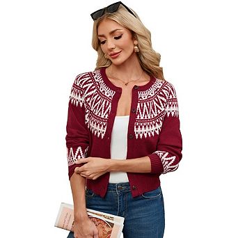 Women's Vintage Crew Neck Long Sleeve Knit Cardigan Button Down Color Block Jacquard Sweaters