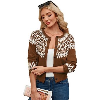 Women's Vintage Crew Neck Long Sleeve Knit Cardigan Button Down Color Block Jacquard Sweaters